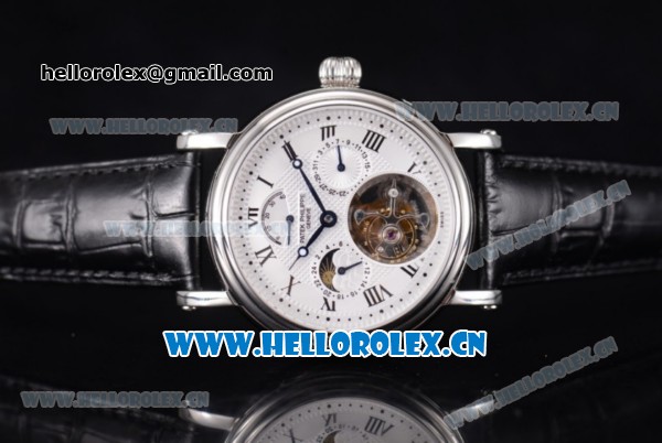 Patek Philippe Grand Complication Swiss Tourbillon Automatic Steel Case with White Dial Black Leather Strap and Roman Numeral Markers - Click Image to Close